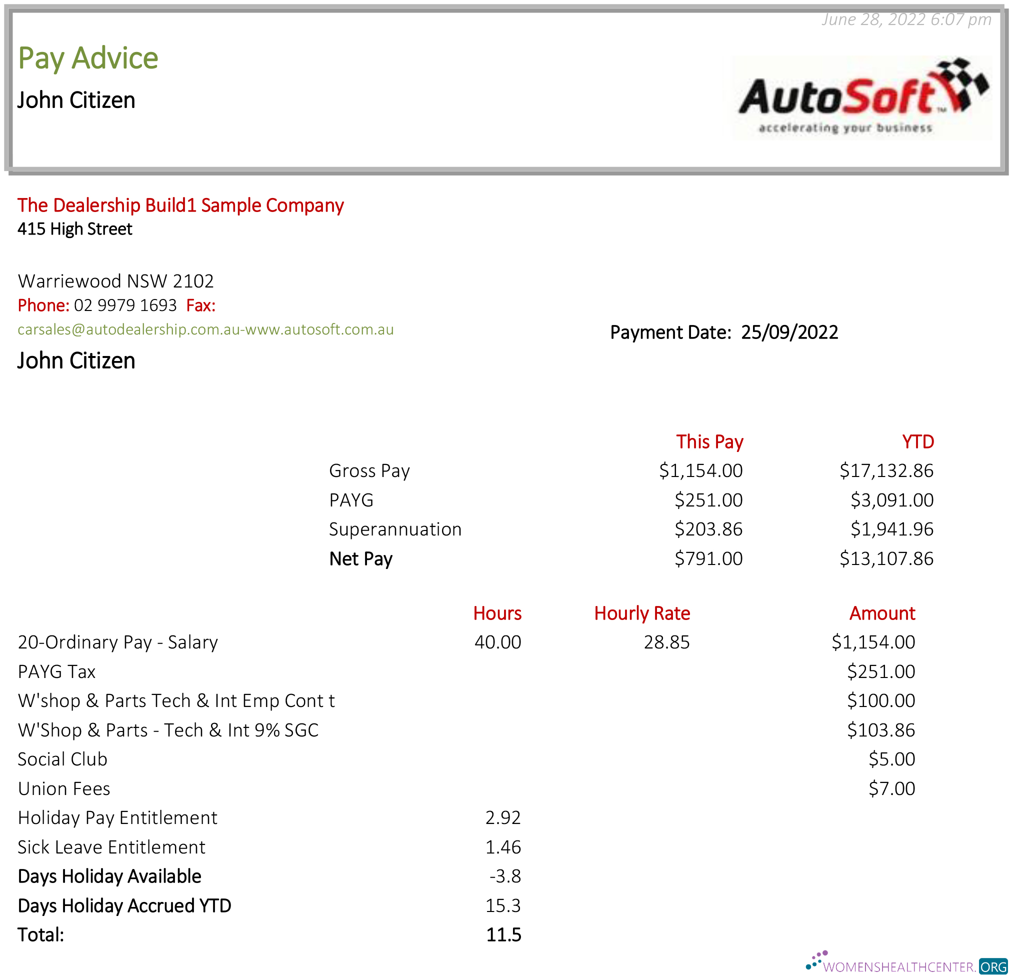 Download Australia NSW AutoSoft payslip Photoshop template